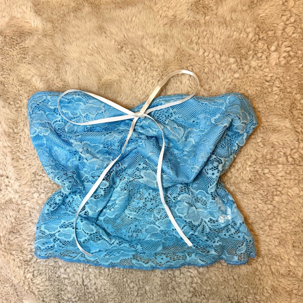 Blue Lacy Tube Top with White Bow | Size XS